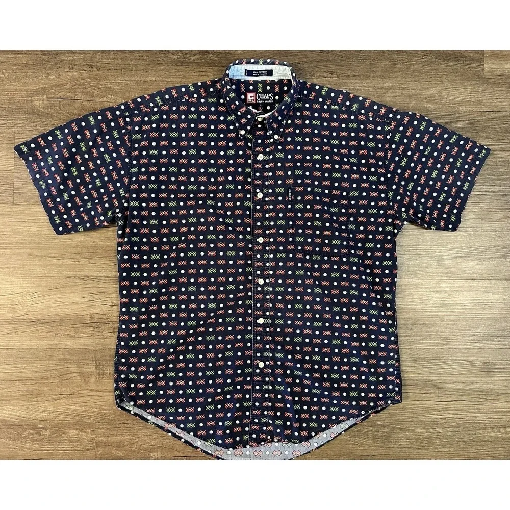 Vintage 90s CHAPS RALPH LAUREN Button Down ALL OVER GOLF PRINT Cotton L Blue E15